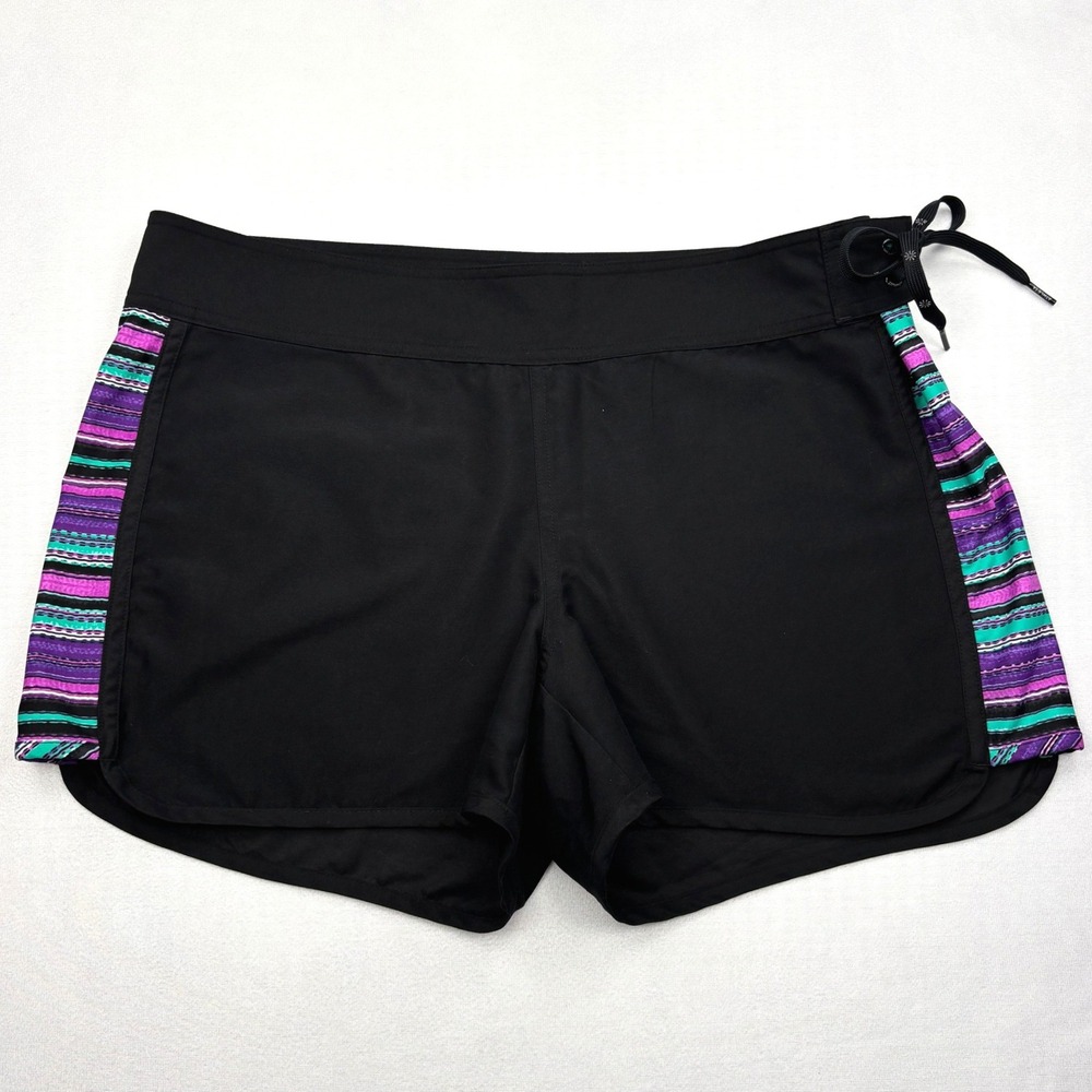 Athleta Swim Shorts Womens 12 Black Purple Stripe Lace Up Surf Boardshorts Beach